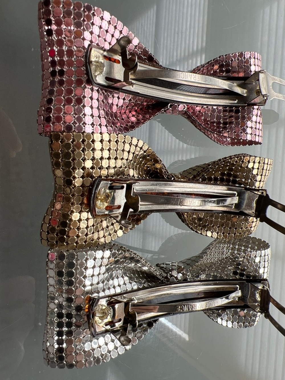 3️⃣Set 1980s Made in France Metal Mesh Chainmail Bow Barrette Gold Silver Rose - Picture 16 of 17